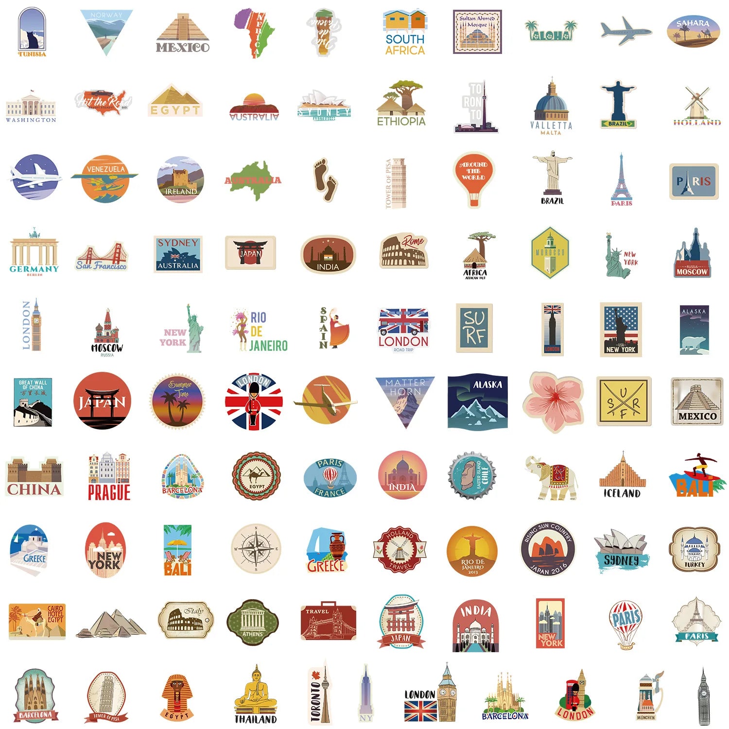 100Pcs World Famous Travel Landmark Doodle Stickers, Stationery Notebook Phone Guitar Fridge Luggage Waterproof Decals Stickers