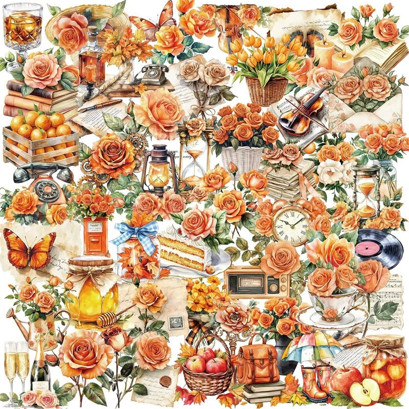 50PCS Kawaii Orange Rose Sticky PVC Sticker Aesthetic Stationery DIY Decoration Scrapbooking Children's Supplies