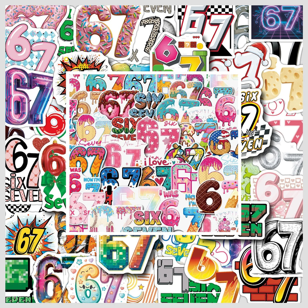 50/100Pcs Cartoon Number 67 Aesthetic Doodle Stickers, School Supplies Stationery Decal Notebook Phone Fridge Waterproof Sticker