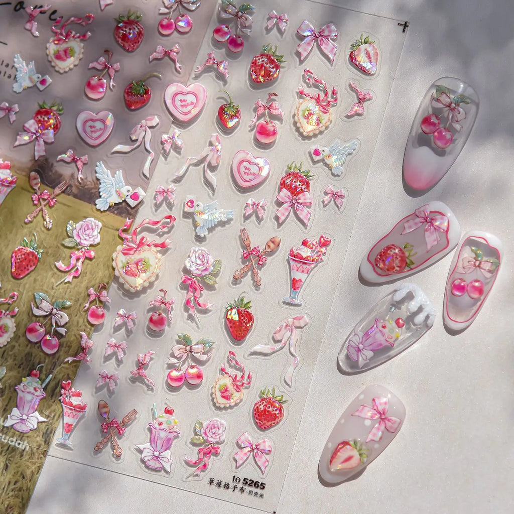 Sweet Strawberry Bow Nail Art Stickers 5D Gold Silver Strawberry Cherry Metal Nail Stickers DIY Japanese Nails Decoration Decals