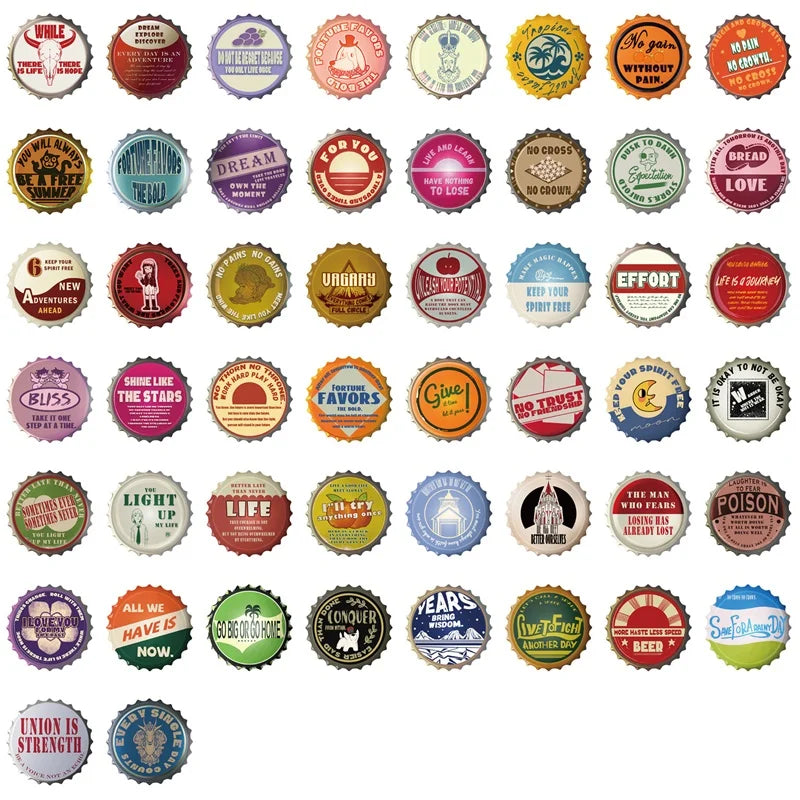 50PCS Vintage Bottle Cap Pattern PET Phone Sticker Aesthetic Tear Open Colored Decoration DIY Laptop Luggage Graffiti Decals