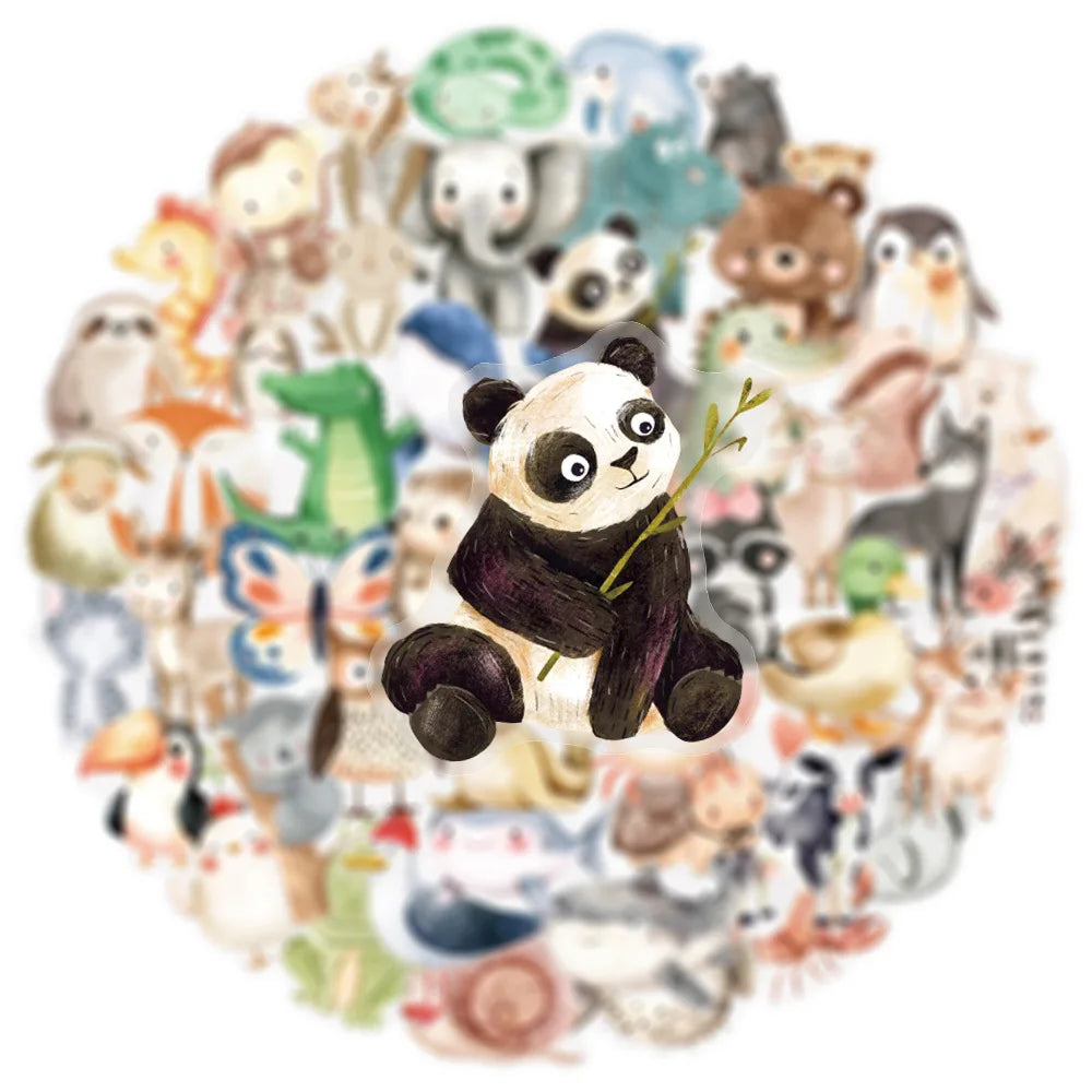 50/100PCS Transparent PET Watercolor Animal Stickers DIY Laptop Decoration Stationery Stickers
