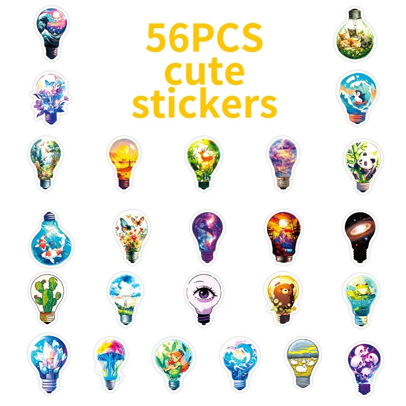 10/30/56PCS Cartoon Light Bulb World PVC Sticky Stickers Aesthetic DIY Colored Phone Laptop Luggage Skateboard Graffiti Decals