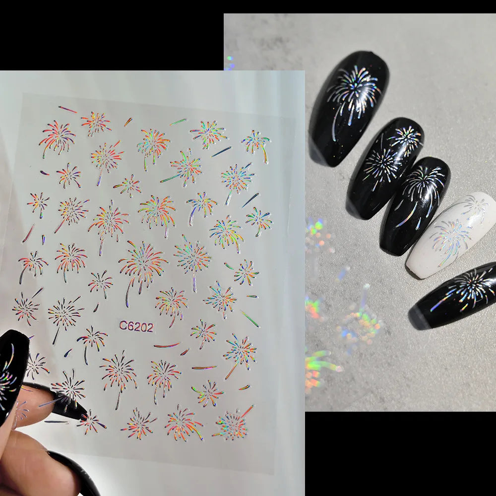 Laser Firework Nail Stickers 3D Self-Adhesive Blooming Fireworks Nail Art Decals New Year Firework Nail Decorations Slider 1pcs