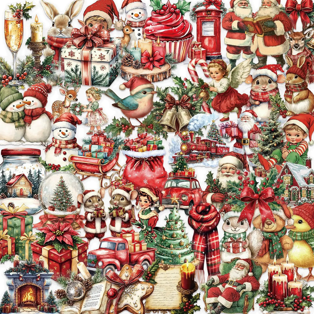 50/100 PCS Cartoon Retro Christmas Sticker Pack Waterproof Transparent PET Booklet Decorative Guitar Notebook