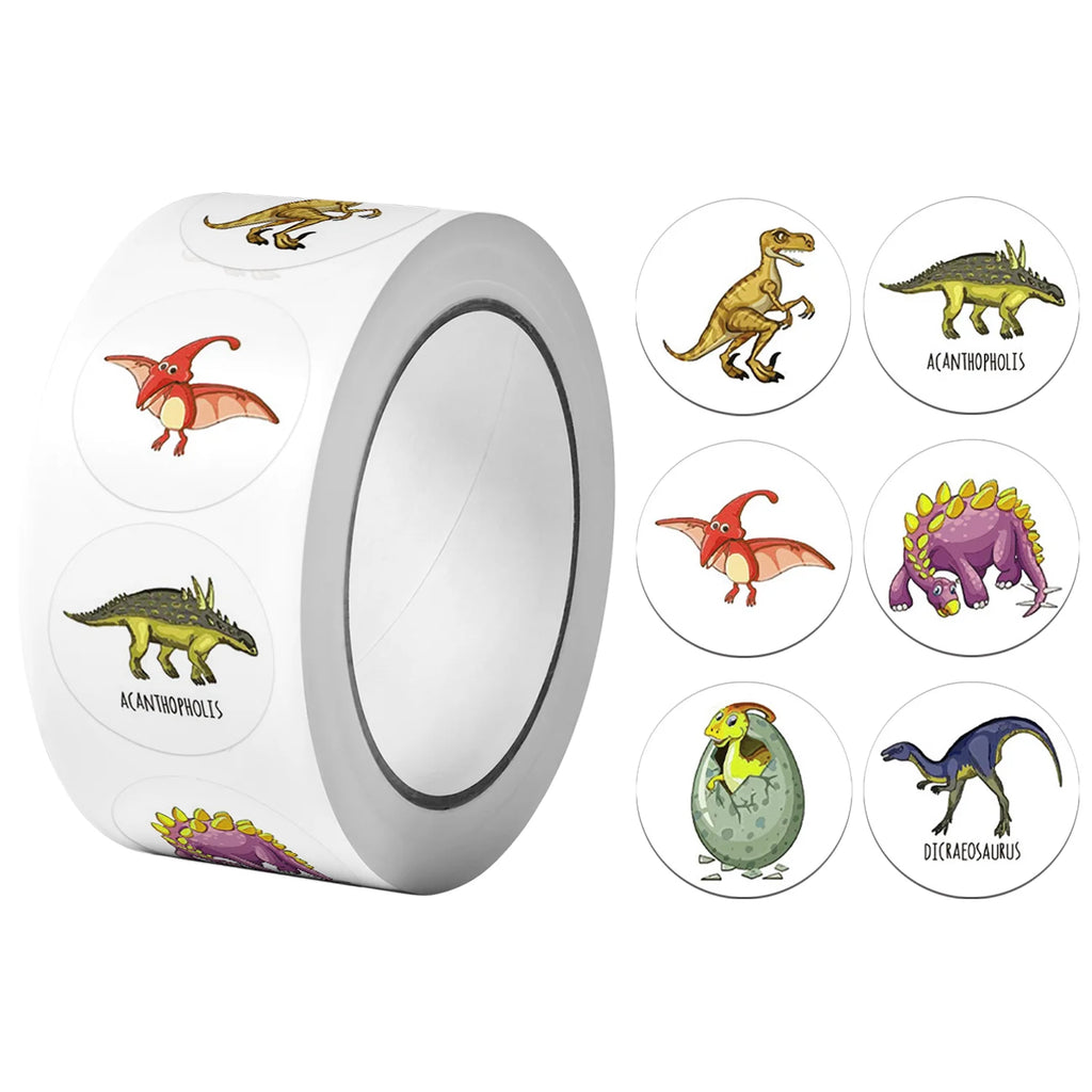 1Roll(500pcs) 1'' Round Cartoon Dinosaurs Stickers for Kids Teacher Reward School Supplies Animal Incentive Home Decor