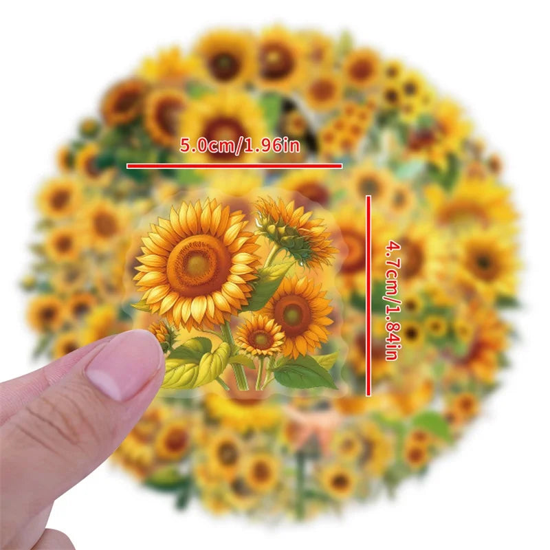 60PCS Kawaii Colored Sunflower PET Sticky Sticker Aesthetic Tear Open DIY Decoration Scrapbooking School Supplies for Kids