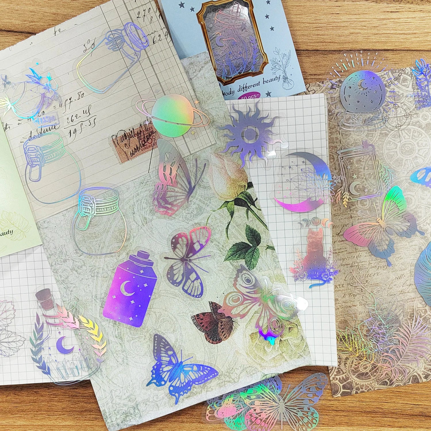 50PCS Holographic Laser Stickers Transparent Retro DIY Decoration Sparkling Creative Handmade Stationery PET Sticker Pack