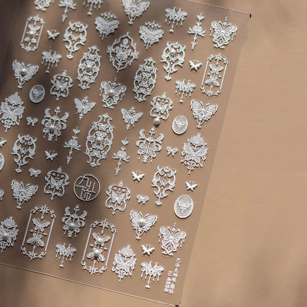 Classic White Flowers Nail Charms Stickers 5D Embossed Pearls Flowers Ribbon Design Nail Art Stickers DIY 3D Manicure Decoration