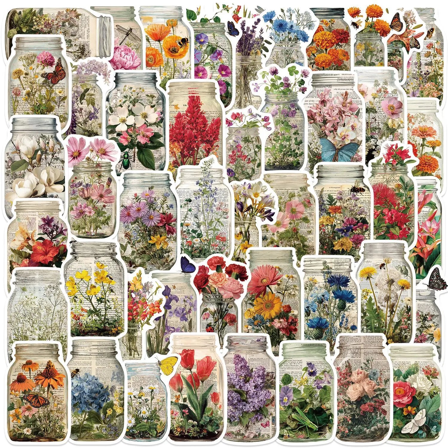 50/100Pcs Retro Flower Bottle Doodle Sticker School Stationery Notebook Decals Guitar Laptop Luggage DIY Waterproof Stickers