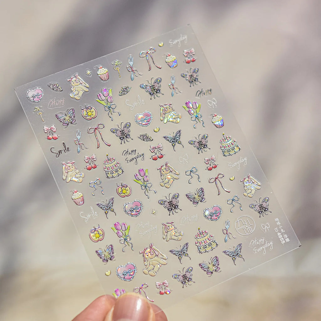 Cute Graffiti Nails Sticker 3D Simple Cat Claw Rabbit Bear Dog Flower Lovely Animal Fruit Adhesive 5D Embossed Nail Art Stickers