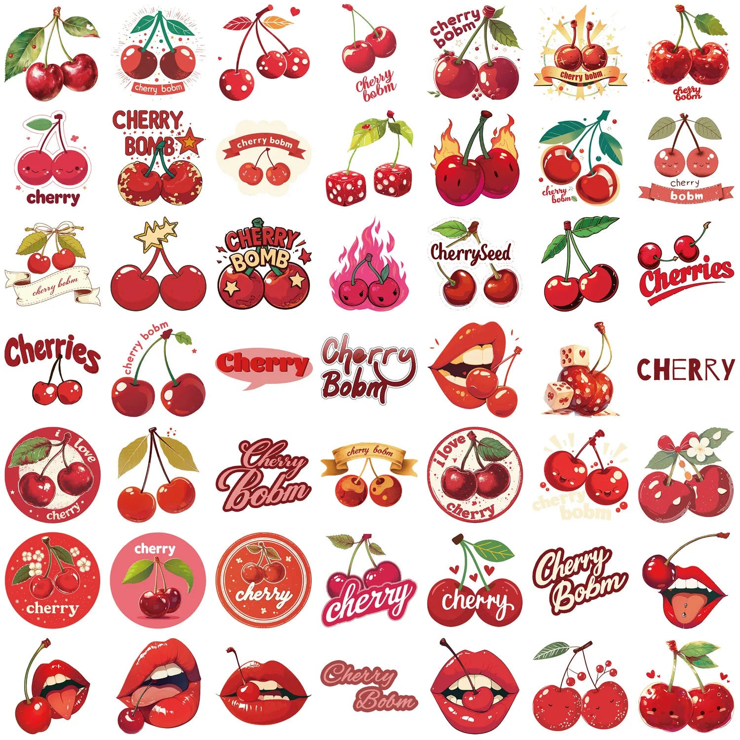 50PCS Red Cartoon Cherry Small Mouth Graffiti Stickers Decorative Guitar Notebook Luggage DIY Waterproof Stickers