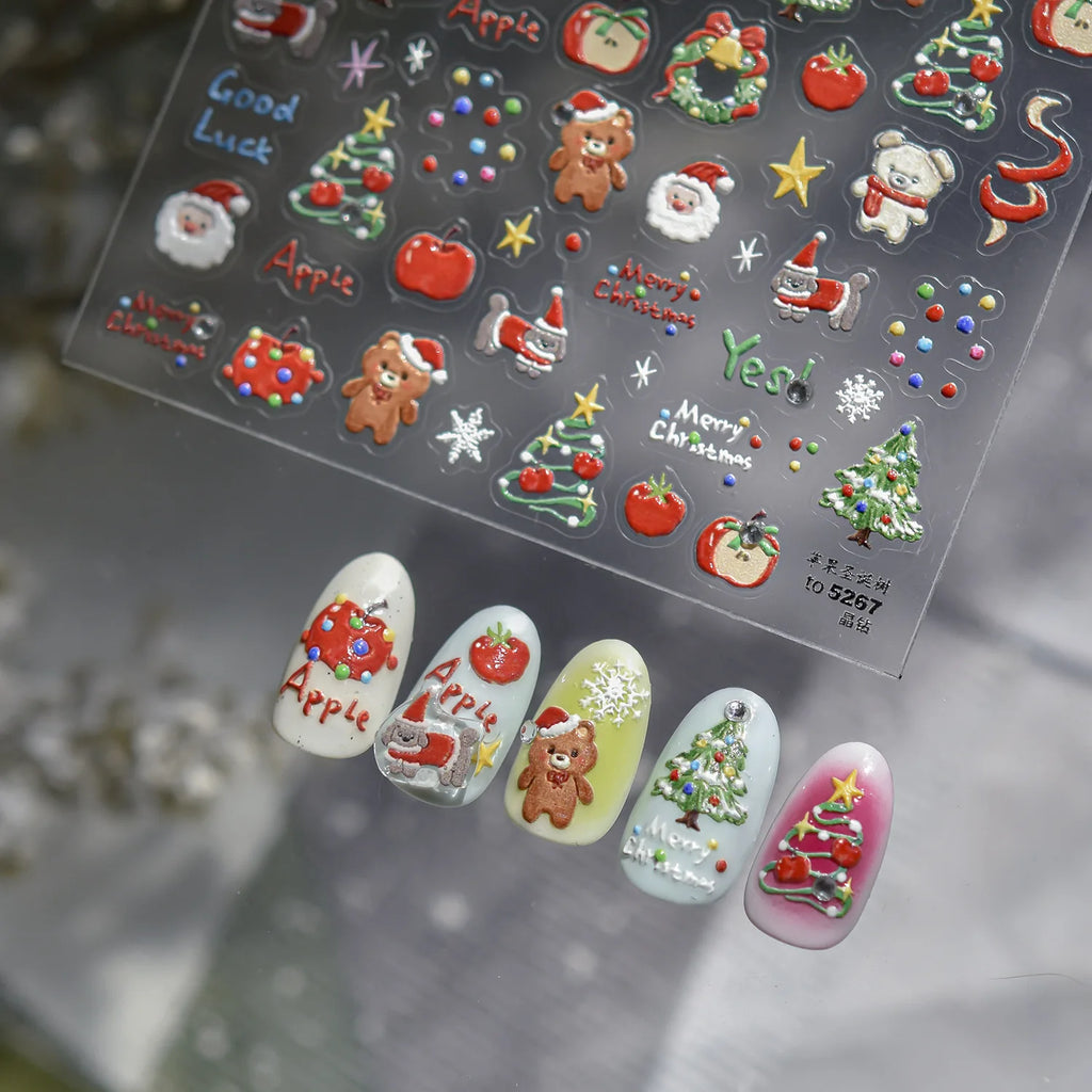 Luxury Crystal Diamond Nail Stickers 5D Cute Apple Christmas Tree Nail Decoration Stickers DIY 3D Happy New Year Manicure Decals
