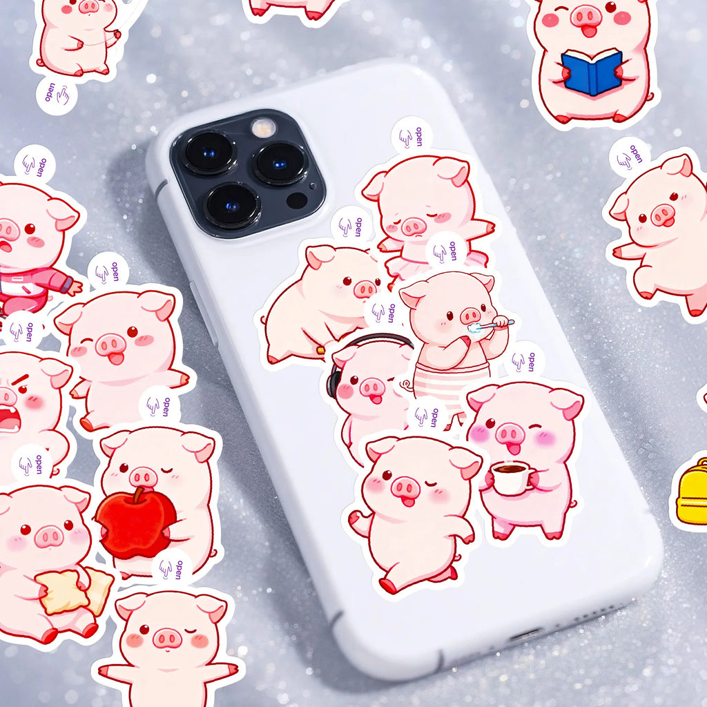50/100 Pcs Fun Cartoon Pink Pig Funny Theme Stickers No Repeat for Stationery Box Notebook Helmet Car Scooter Suitcase Decals