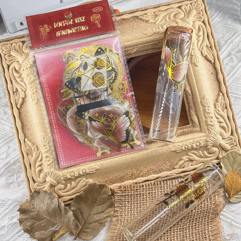 50/100 Pcs Exquisite Gold Foil Vintage Rose Note PET Clear Waterproof Stickers for Phone Cup Window Fridge Laptop Decals