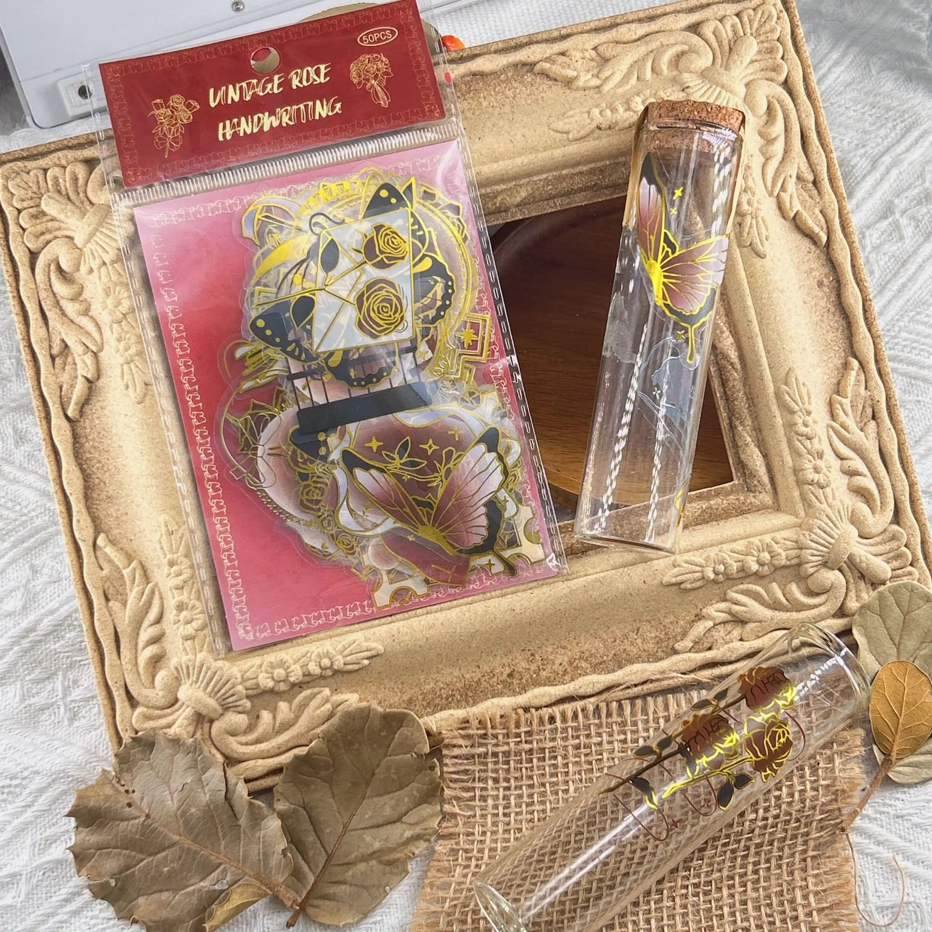 50/100 Pcs Exquisite Gold Foil Vintage Rose Note PET Clear Waterproof Stickers for Phone Cup Window Fridge Laptop Decals