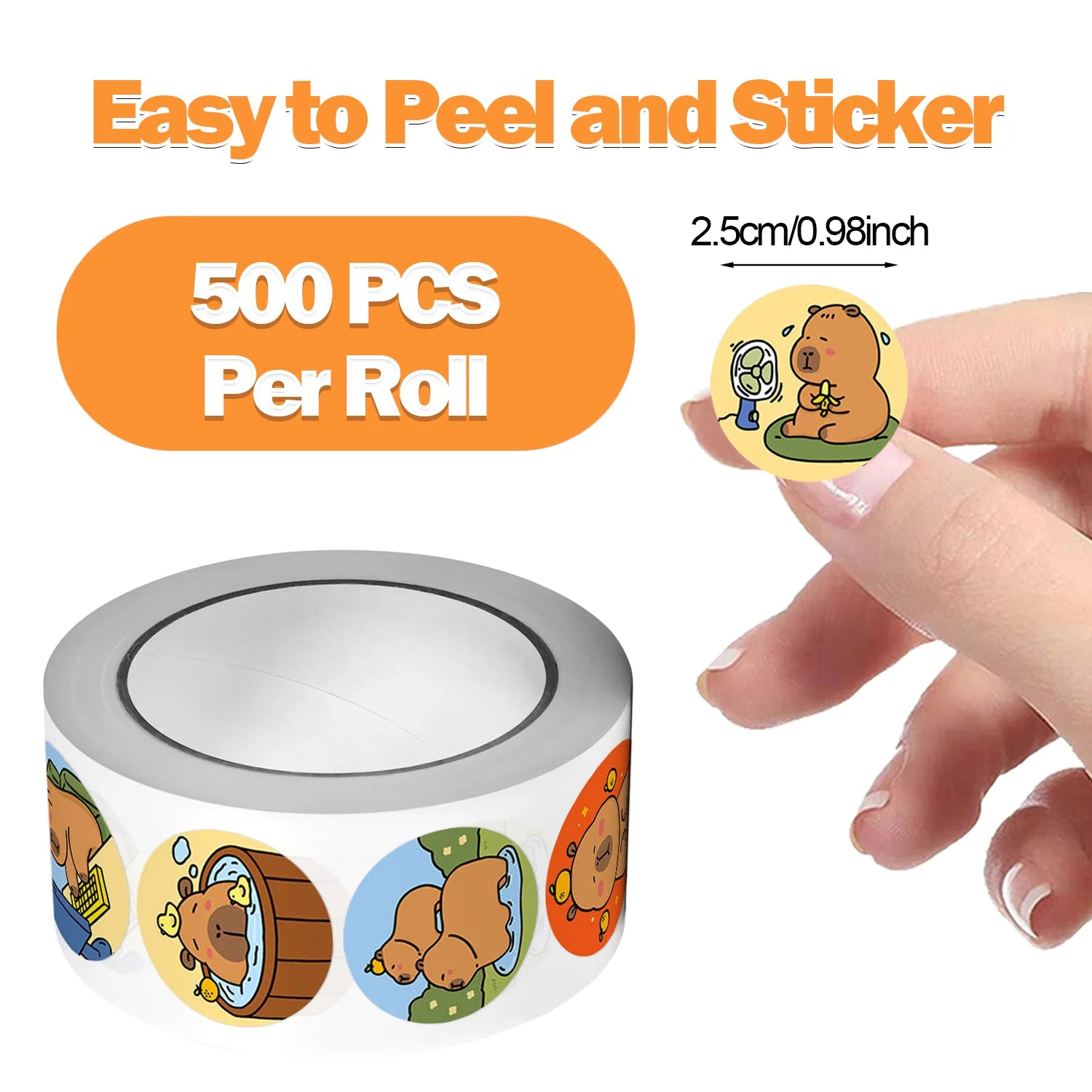1Roll(500Pcs) Cartoon Capybara Animal Stickers Cute Reward Notebook Labels Laptop Stickers Decal Home Decoration