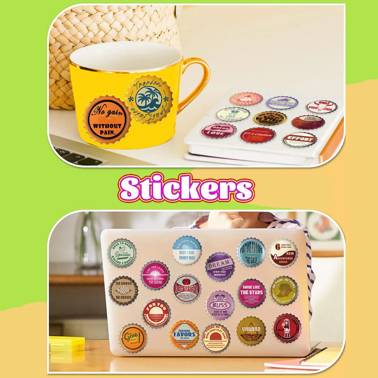 ‌50/100Pcs Retro Bottle Cap Stickers Unique Non-repeating Waterproof Decals for Fridge, Notebook, Guitar, Helmet, Car, Bicycle