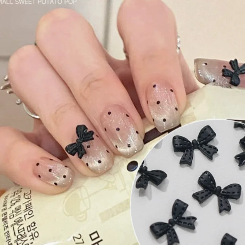 New Ribbon Bow Nail Art Accessories Black Dot Butterfly Bow Kont Bow Tie Nail Charms Flatback Resin Nail Rhinestones Decorations