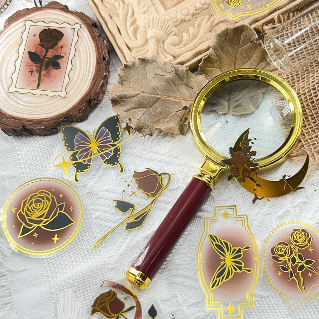 50/100PCS Retro Rose Notebook Sticker Pack Waterproof Transparent PET Decorative Guitar Notebook Hot Stamping Stickers