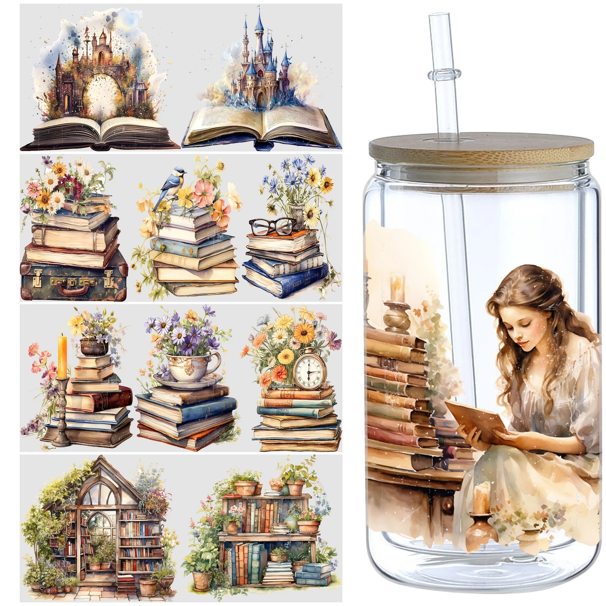 5 Sheets Vintage Book UV DTF Cup Stickers, DTF Friction Transfer Stickers, Waterproof Book Transfer Stickers for 16oz Glass Cup