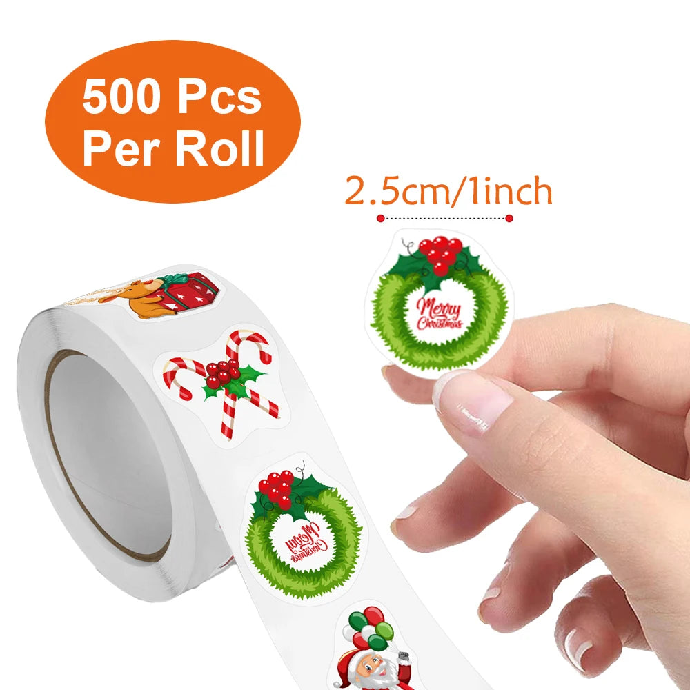 500Pcs/Roll Heterotypic Christmas Themed Elks Snowmans Santa Claus Bells Stickers 8 Designs 2.5cm/1.0'' DlY Graffiti Holiday Tag