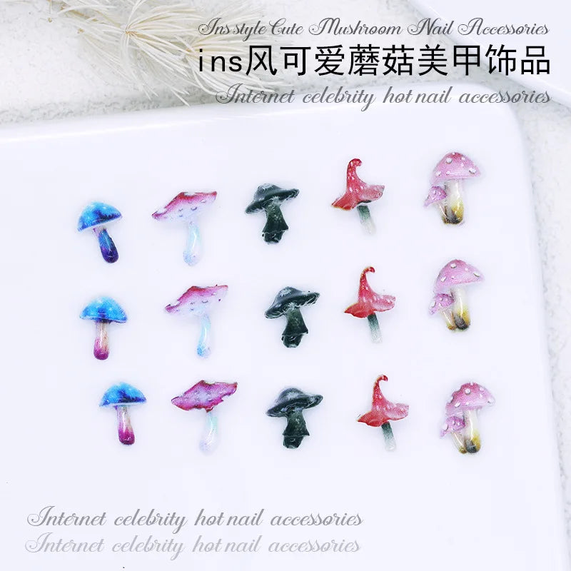 Cute And Magical Mushroom Nail Art Accessories Resin Cartoon Little Mushroom Nail Charms Wearable Nail Rhinestones Decorations
