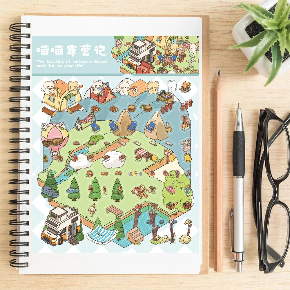 Cartoon Meow Meow Camping Notes 3D Landscaping Stickers Nostalgia Coffee Creative  Nostalgia Pegatinas Wall Stickers