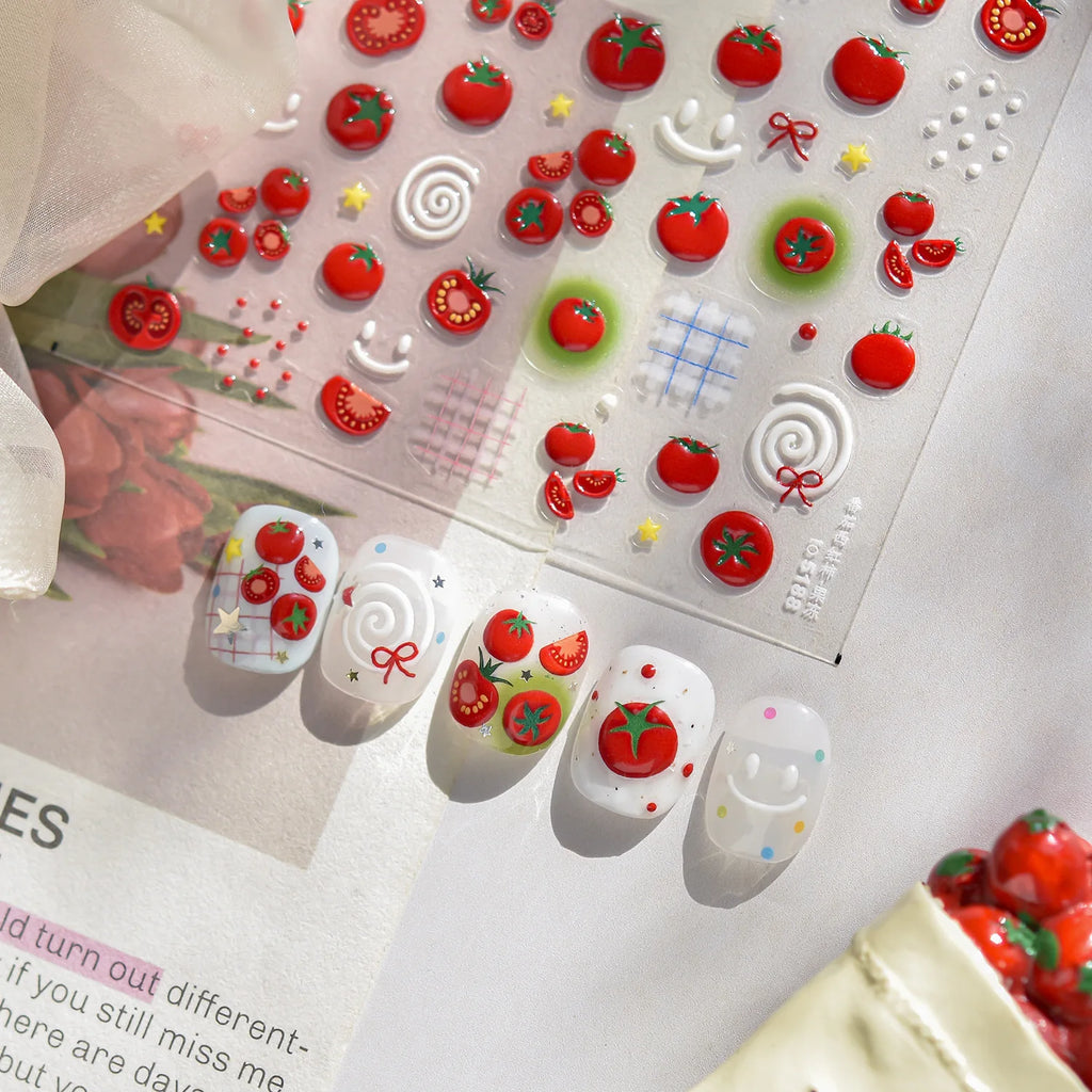 Jelly Fruits Nail Art Stickers Sweet Pomegranate Branch Self Adhesive Nail 3D Decorations Stickers DIY Chinese Nails Accessories