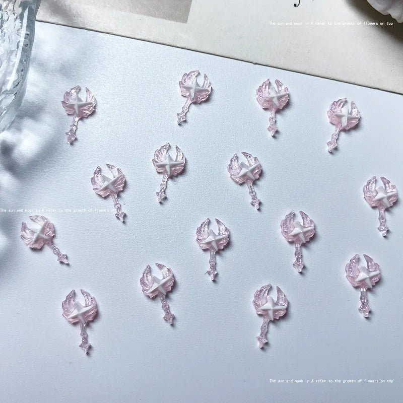 20pcs Cute Magic Wand Nail Art Accessories 3D Resin Nail Charms Pink Luminous Heart-shaped Bow Scepter Nail Art Decoration Parts