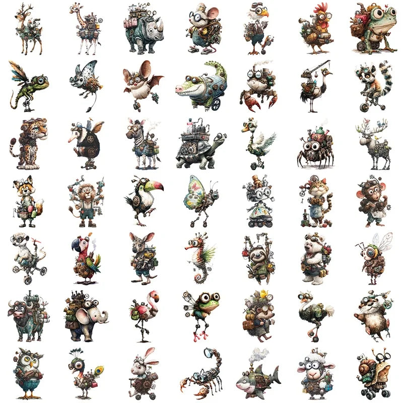 50PCS Cartoon Punk Animals PET Sticky Sticker Aesthetic Tear Open Decoration Scrapbooking Stationery Supplies for Kids