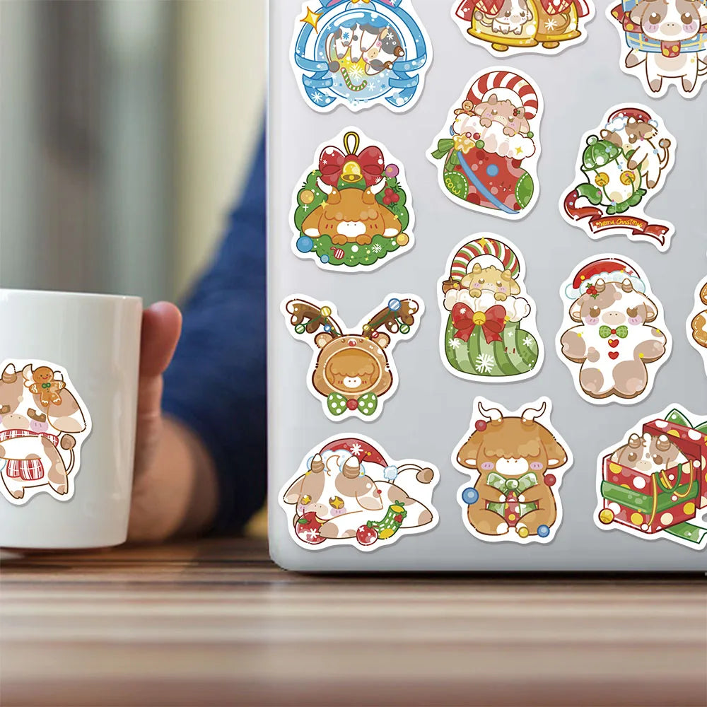 50PCS Christmas Cute Shining Little Cow Sticker Manual Laptop Guitar Luggage Bicycle Skateboard Waterproof Sticker Toy