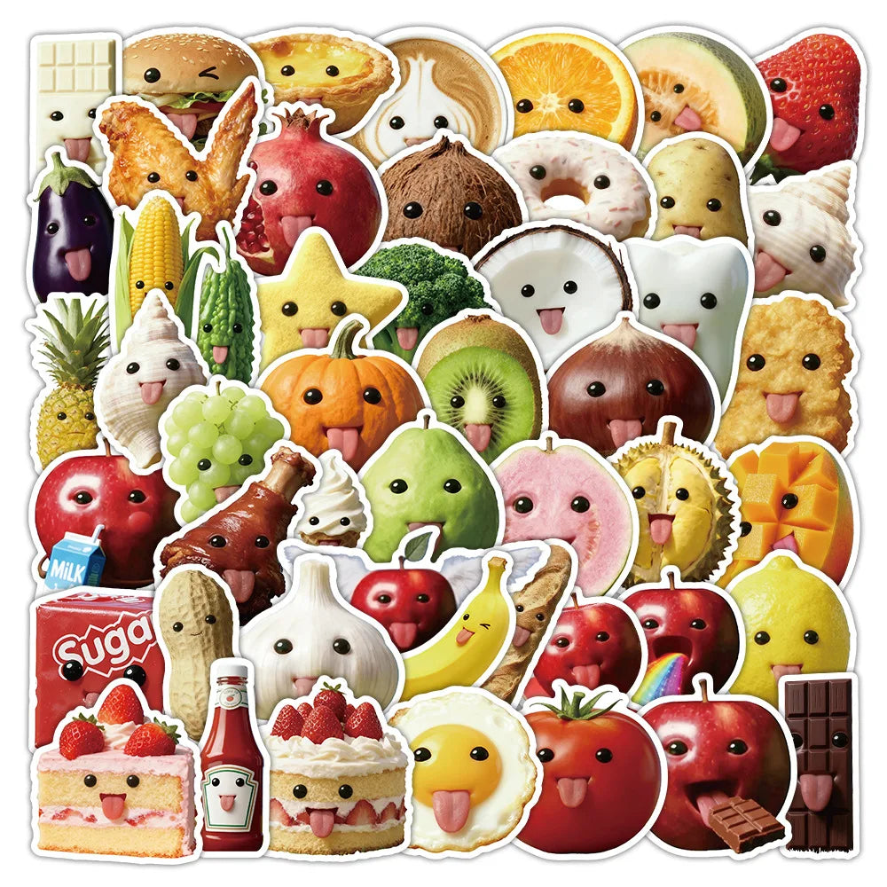 50-Pack Abstract Cartoon Fruit Food Stickers Funny Creative Decoration for Luggage Water Bottles Stationery Notebooks