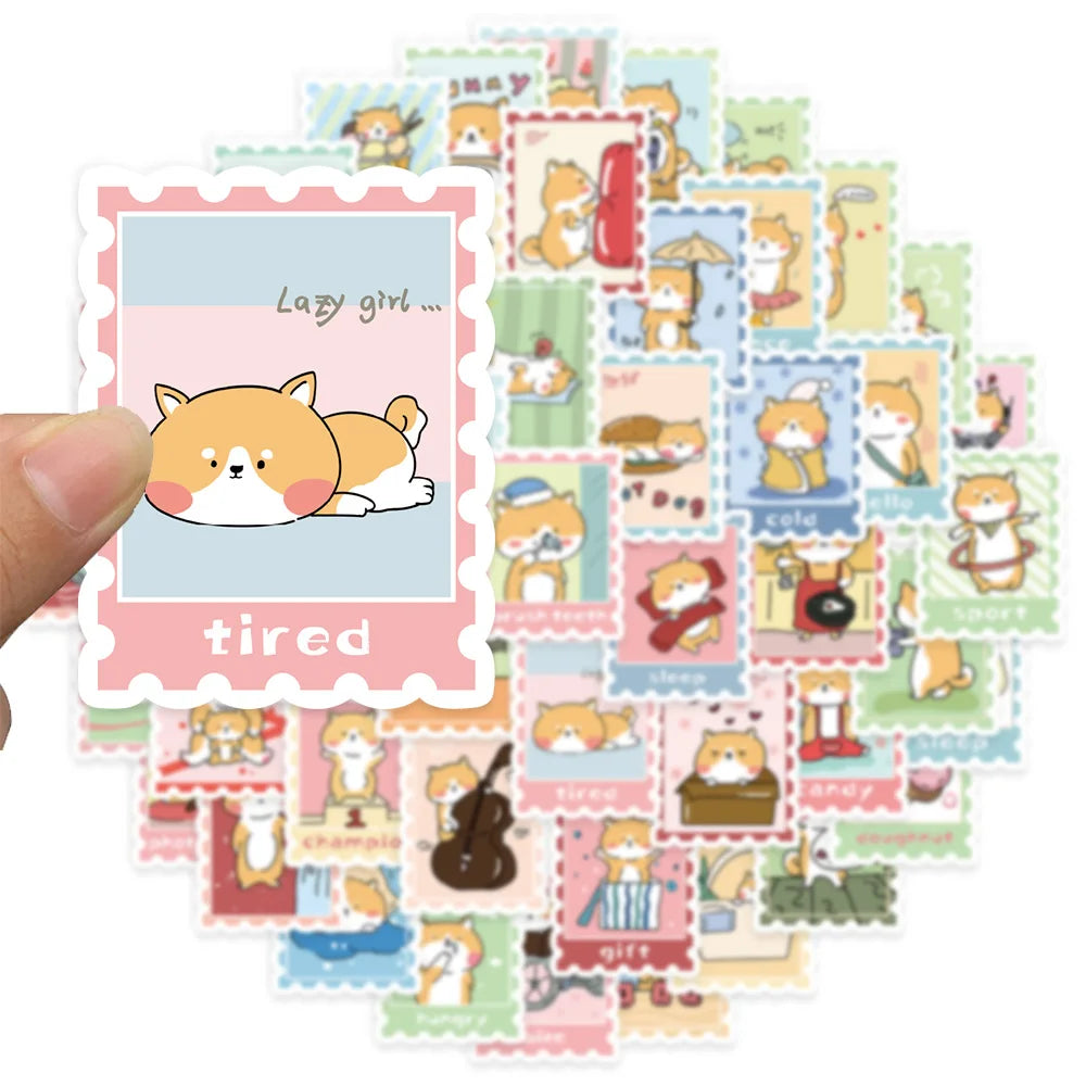 50PCS Hot Dog Firewood Stamp Cute Stickers Animal Stickers DIY Luggage Manual Phone Case Notebook Envelope Label Stickers