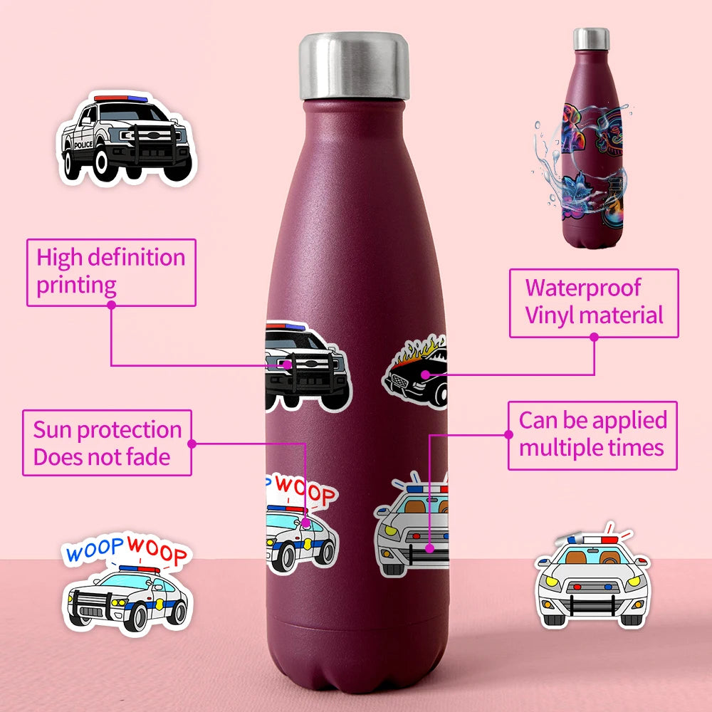 50 Pcs Cartoon Police Car Stickers, Mobile Phone Water Cup Computer Decoration Stickers, Laptop hand account waterproof stickers