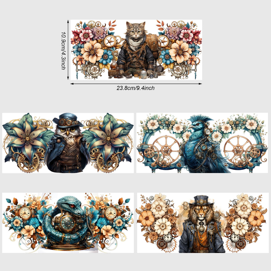 5 sheets Steampunk UV DTF Cup Stickers, DTF Friction Transfer Stickers, Waterproof Cartoon Transfer Stickers for 16oz Glass Cups