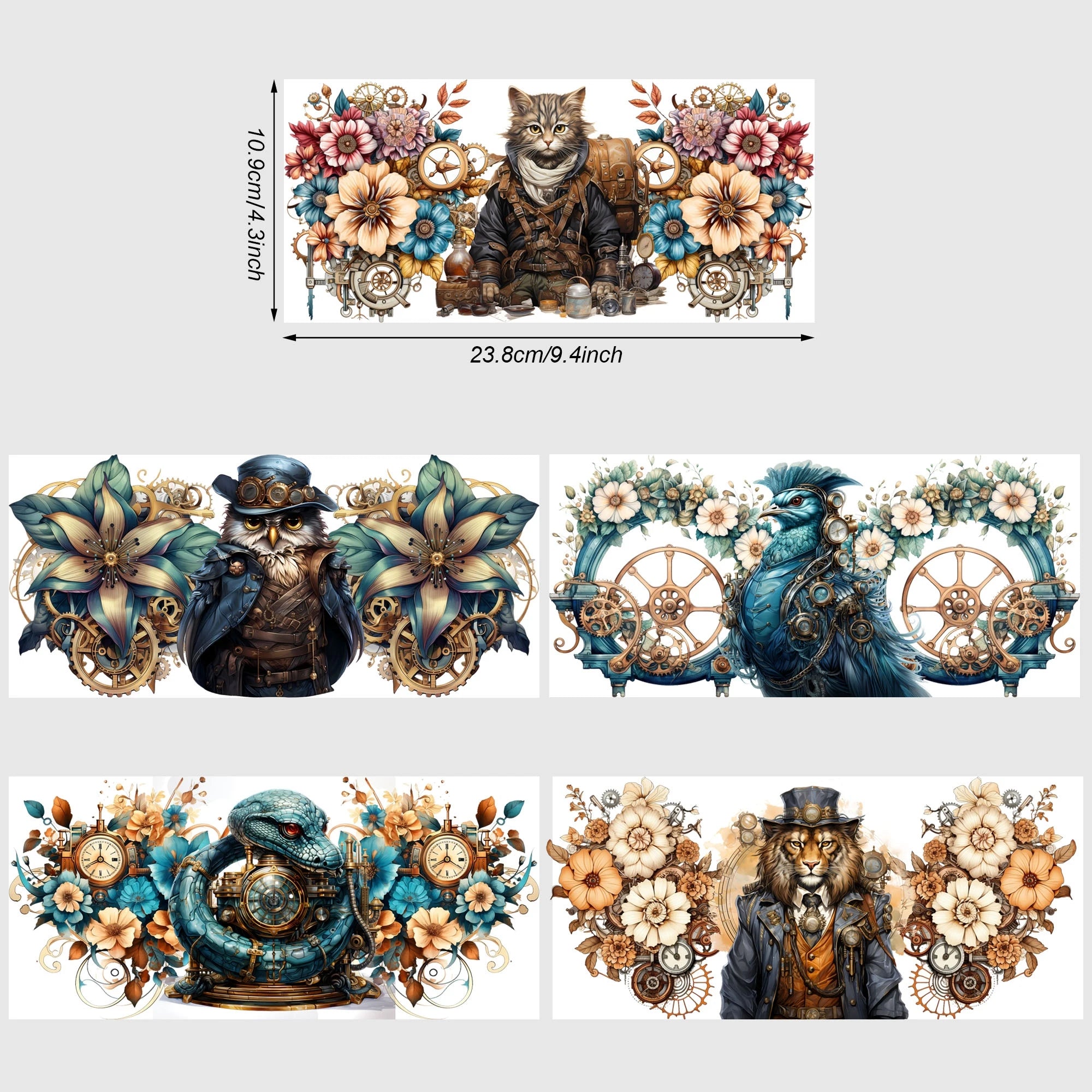 5 sheets Steampunk UV DTF Cup Stickers, DTF Friction Transfer Stickers, Waterproof Cartoon Transfer Stickers for 16oz Glass Cups