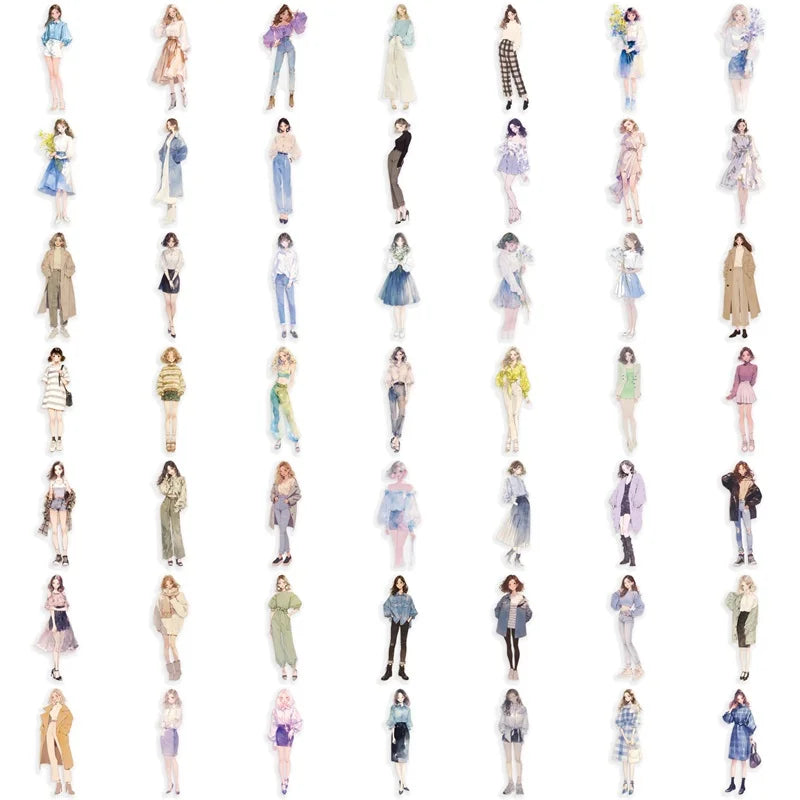 50PCS Kawaii Fashion Girl PET Sticky Sticker Aesthetic Korean Stationery DIY Decoration Scrapbooking School Supplies for Kids