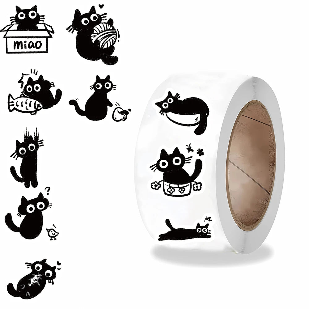 500PCS Little Black Cat Roll Stickers Harajuku Scrapbooking Luggage Cool Phone Coffee Laptop Gift For Waterproof Guitar Sticker