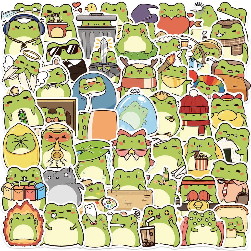 ‌50/100Pcs Funny Cartoon Frog Stickers - Unique Non-repeating Waterproof Decals for Phone, Cup, Notebook, Fridge, Pencil Box