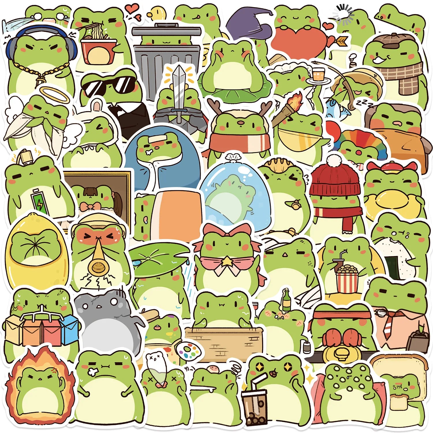 ‌50/100Pcs Funny Cartoon Frog Stickers - Unique Non-repeating Waterproof Decals for Phone, Cup, Notebook, Fridge, Pencil Box
