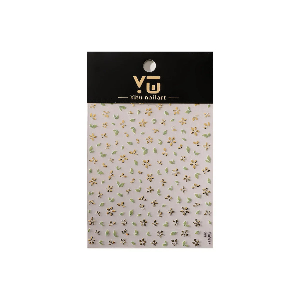 Golden Green Leaf Flower Nail Art Stickers Exqusitive 3D Five-petal Flower Nail Decorations DIY Adhesive Nail Decals Accessories