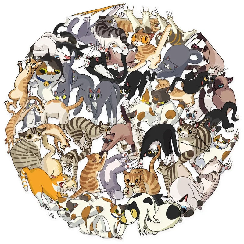 50PCS Cartoon Fierce Cat PET Sticky Sticker Aesthetic Tear Open DIY Decoration Scrapbooking Sketchbook Supplies for Kids