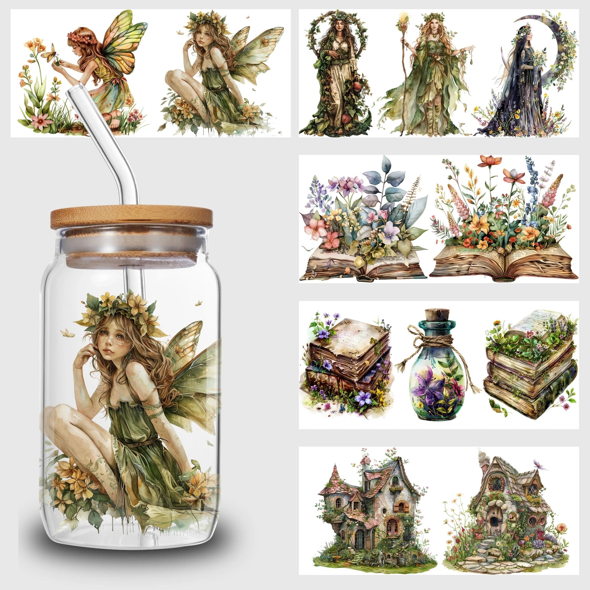 5 sheets fairy UV DTF cup packaging suitable for 16 oz glass, waterproof UV DTF stickers suitable for 16 oz glass