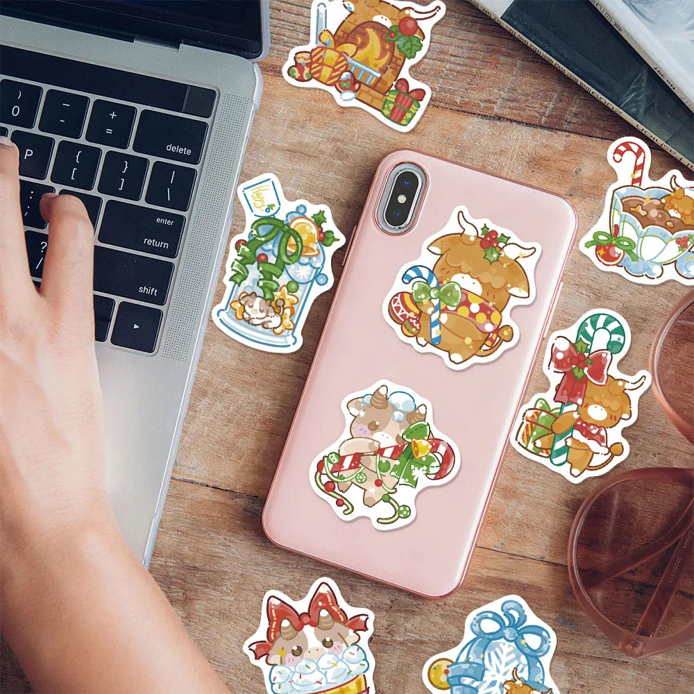 50PCS Christmas Cute Shining Little Cow Sticker Manual Laptop Guitar Luggage Bicycle Skateboard Waterproof Sticker Toy