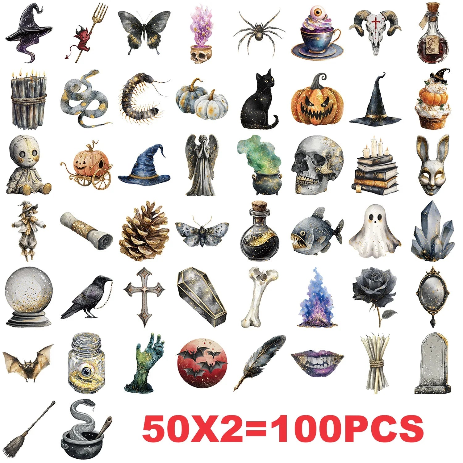 50/100PCS Waterproof Transparent PET Cartoon Retro Magic Watercolor Stickers for Decorative Guitar Notebook Stationery
