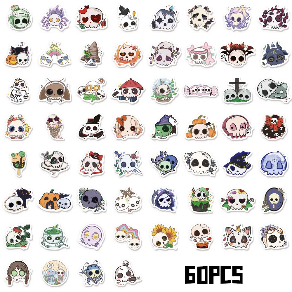 60PCS Halloween Funny Skull Sticker Manual Computer Scrapbook Refrigerator Guitar DIY Creative Aesthetic Toy Sticker