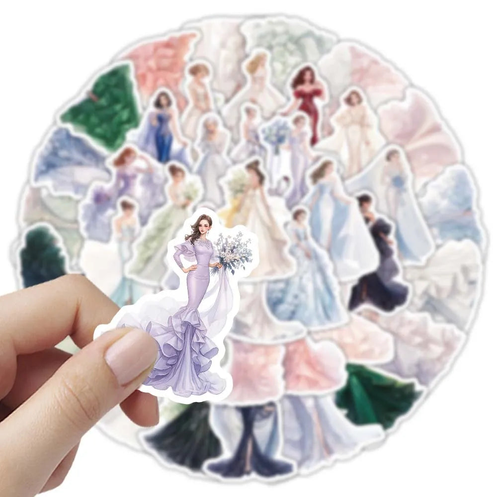 50/100 Pcs Cute Bride in Wedding Dress Stickers for Cup Wardrobe Fridge Stationery Box Guitar Piano Lunch Box Reward Decals