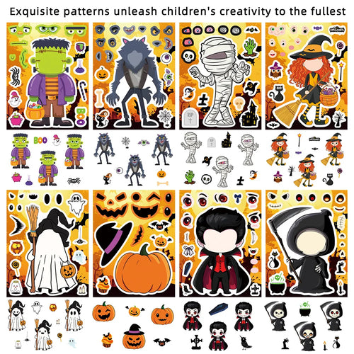 16PCS Halloween Make a Face Stickers Children Puzzle Halloween Party Gift Boxes Gift Stationary Stickers