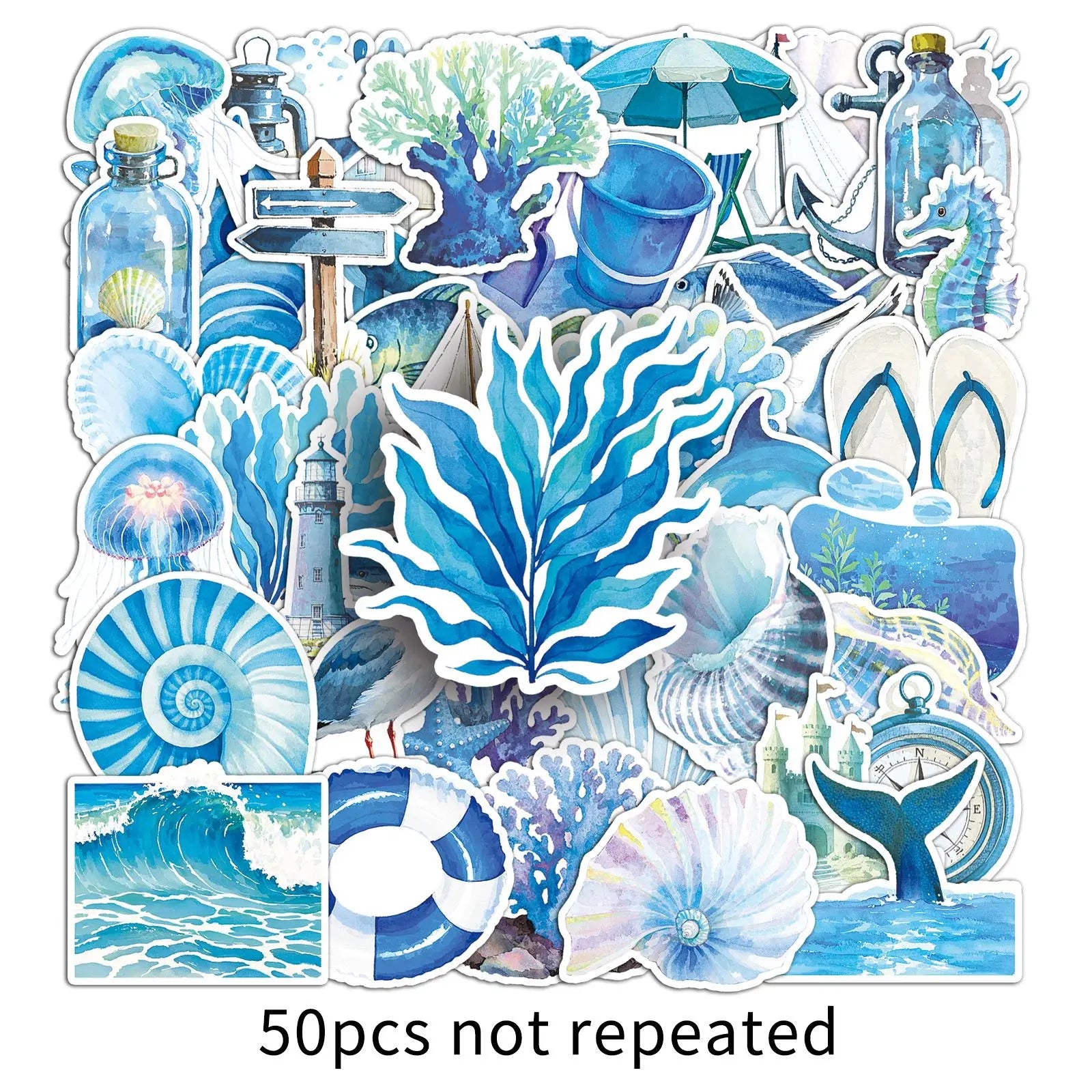 50-Pack Watercolor Blue Ocean Doodle Stickers Cartoon Decor for Phone Tablet Water Cup Guitar Luggage Notebook Fridge
